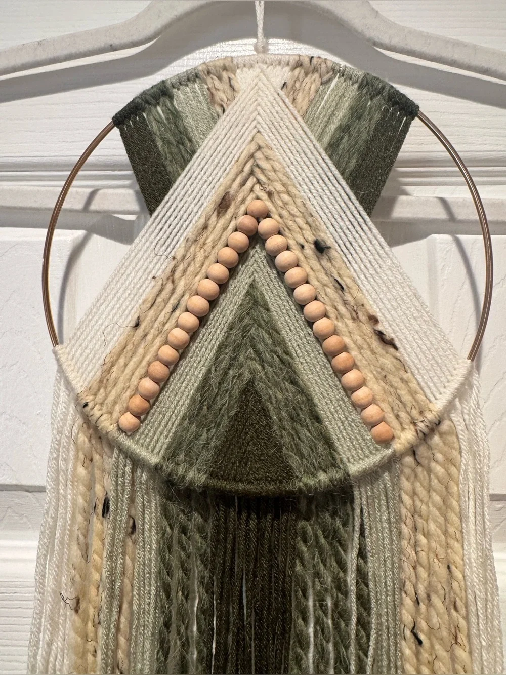 Dark Green and Beige Beaded Yarn Hoop Wall Hanging Macrame Wall Art